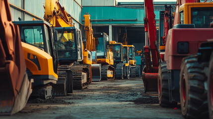 Wall Mural - Heavy construction equipment, painted in various bright colors, is parked in a lot next to a warehouse. These machines are used for industrial projects and are available for rent or sale.