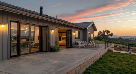 Wall Mural - the exterior front porch and patio area of an upscale modern farmhouse style home in Northern California, with sliding glass doors leading to the kitchen