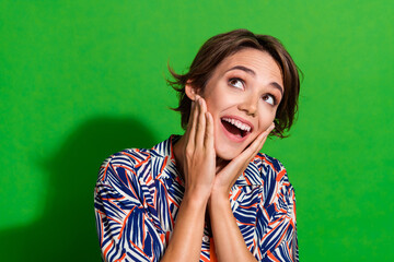 Sticker - Photo of overjoyed woman dressed print blouse palms on cheekbones look at offer empty space isolated on vivid green color background