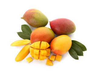 Wall Mural - Fresh ripe mangoes on  white background