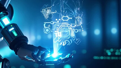 Poster - a robot uses its hand to engage with captivating holographic displays in a high-tech laboratory sett