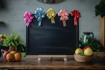 Blackboard with colorful bows and fresh fruit