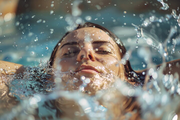 Wall Mural - Close up of woman splashing water on her face in outdoor spa pool