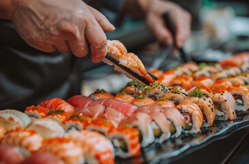 Wall Mural - A chef is making sushi, using chopsticks to place fresh fish and vegetables on rice in the shape of rolls