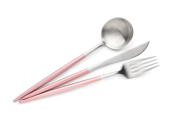 Canvas Print - Stainless steel cutlery with pink handles on white background