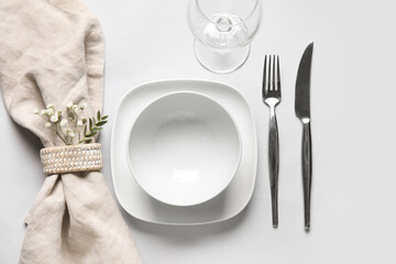 Sticker - Beautiful table setting and gypsophila flowers on white background