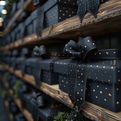 Canvas Print - Elegant Black Gift Boxes with Golden Stars