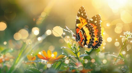 Wall Mural - A Monarch Butterfly on a Flower in a Sunlit Meadow