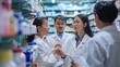 © Sasa Visual - A group of pharmacists engage in a discussion around medications while examining products on shelves