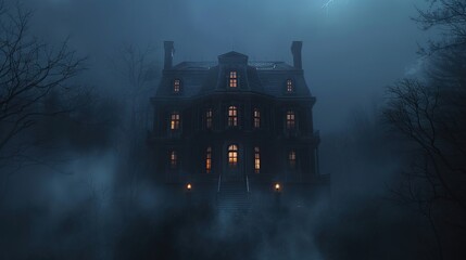 Poster - Mysterious Mansion in a Foggy Night