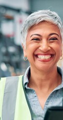 Poster - Face, woman and happy engineer with tablet in factory for manufacturing, production or check storage. Portrait, technology and mature warehouse manager or supervisor with industrial career experience