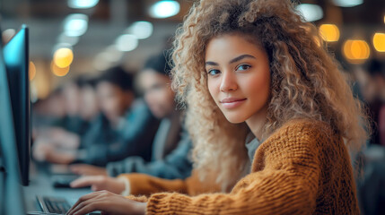 Young woman with curly hair wearing a warm sweater, sitting at a computer in a busy lab, looking confidently at the camera, with blurred students in the background.

