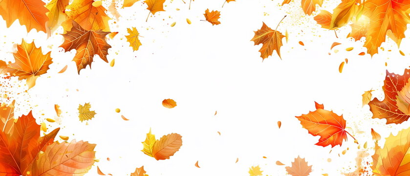 Autumn leaves banner background presentation design, with white space in the middle for text and photo. Pastel watercolor illustration. October mood. Coloured sale backdrop. Frame design for menu card