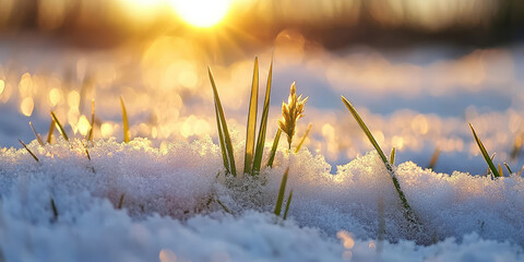 green grass growing under melting snow at sunrise, end of winter, spring snow melt and plants waking