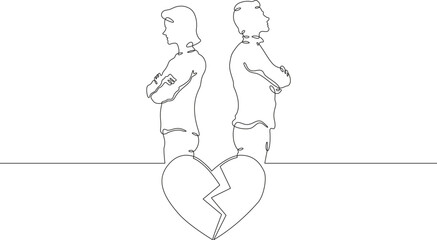 Wall Mural - A quarrel between lovers. A man and a woman stand with their backs to each other. A broken heart. Parting. A symbol of love.One continuous line. Line art. Minimum one line. White background. One line