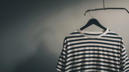 A classic striped t-shirt on a hanger, set against a neutral backdrop, offering timeless and elegant style