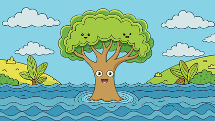 Sticker - landscape with trees and sea vector illustration