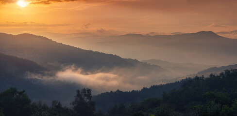 Wall Mural - Serene landscape of Tara valley at sunrise, with fog rolling over the mountains and soft sunlight illuminating the scenery, perfect for nature lovers and travelers.