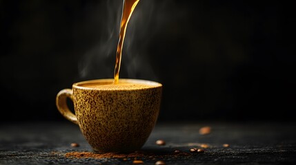 Close-up of coffee pouring in cup on table against black background,Bekasi City,Indonesia
