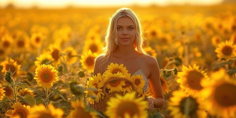 Wall Mural - A woman smiles in a field of sunflowers. AI.