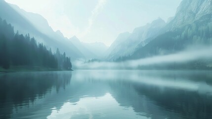 Canvas Print - A peaceful lake surrounded by misty mountains, capturing the freedom and tranquility of escaping to a serene and untouched environment.