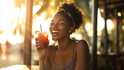 Vibrant Beachside Cafe in a sunlit beachside cafe naturally illuminated by the morning light an African-American woman laughs while sipping a tropical drink eyes closed bathed by sun