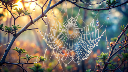 Dew-covered spider web glistening at sunrise in a tranquil forest