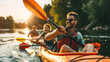 © Mahemud - Happy young Caucasian group of friends kayaking on a river with a sunset in the background.