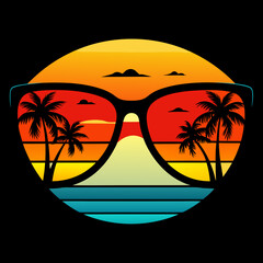 Wall Mural - An eye-catching, high-resolution illustration of a pair of retro-inspired sunglasses, with the lenses reflecting a stunning beach scene.