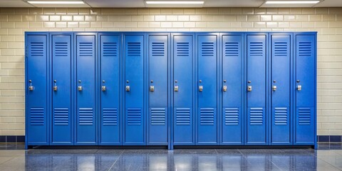 Blue metal locker in a high school hallway , locker, school, education, hallway, metal, storage, blue, supplies