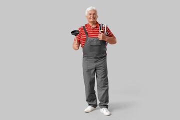 Wall Mural - Mature male plumber with pipes and plunger on grey background