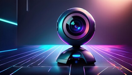 Wall Mural - round webcam in synthwave neon style, realistic 3D image. cyberpunk style