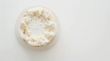 Wall Mural - Delicious white cake decorated with cream and golden sprinkles standing on white background