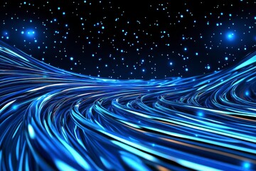 Flowing Light Waves, Abstract blue light trails with a starry background, Futuristic design.