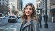 © Daniel L - Outdoor portrait of a smiling young woman in her late twenties or early thirties with brown hair and standing on a busy downtown street. Bright sunny day. Shopping.