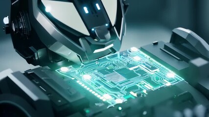 Aufkleber - A robotic arm delicately manipulates a glowing circuit board, showcasing innovative technology in a high-tech laboratory environment.