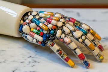 Wall Mural - Robotic hand filled with various colorful pills symbolizing the fusion of technology and healthcare captured in a bright clinical setting