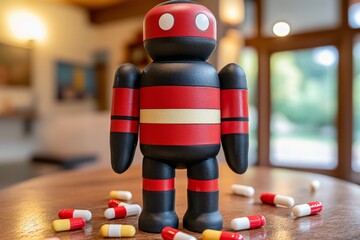 Sticker - Playful robot toy surrounded by capsules in a cozy home setting symbolizing the integration of robotics in daily life captured in a warm inviting environment.