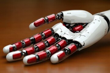 Canvas Print - Robotic hand with red and white capsules embedded in its structure symbolizing the fusion of AI and pharmaceuticals captured in a bright clinical environment.