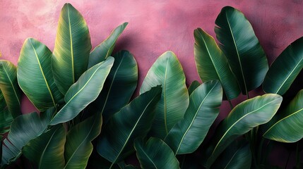 Wall Mural - Lush Green Tropical Leaves Against a Pink Wall