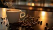 © ANRI - Close-up shot of a steaming cup of aromatic coffee with scattered coffee beans