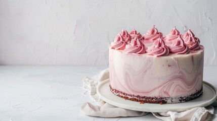 Wall Mural - Pink and white marbled cake decorated with swirls of pink frosting sitting on white cake stand on white background