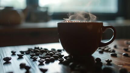 Close-up shot of a steaming cup of aromatic coffee with scattered coffee beans