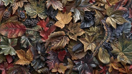 A variety of colorful autumn leaves arranged intricately on a textured background, highlighting seasonal changes