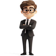 3D cartoon, A smiling young man in glasses is depicted, wearing an elegant suit and tie with his arms crossed in a pose. on a white background