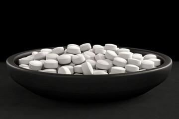 Sticker - Bowl of white pills against a dark background symbolizing the clarity and focus in medical treatments