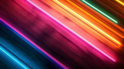 Wall Mural - Neon Lines on Wooden Background: Vivid, colorful neon lines intersect on a dark wooden background, creating a dynamic and vibrant visual. A captivating blend of modern illumination and natural texture