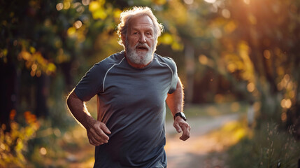 A senior man jogging along a park trail, wearing athletic clothing and looking happy and healthy, with trees lining the path