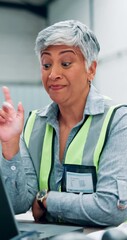 Poster - thinking, engineering and woman with laptop in warehouse typing feedback on automation machine. idea