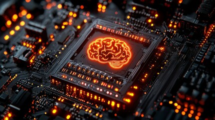 Wall Mural - A printed circuit board with a glowing brain icon, symbolizing artificial intelligence and advanced technology.